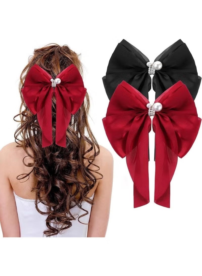 ربطات شعر من الساتان الحريري، ربطتان من اللؤلؤ، شريط للشعر، ربطات شعر حريرية للنساء، مشابك شعر فرنسية، مشبك شعر، دبابيس شعر للنساء، إكسسوارات شعر كاواي لطيفة وجميلة (أحمر + أسود) - Image 1